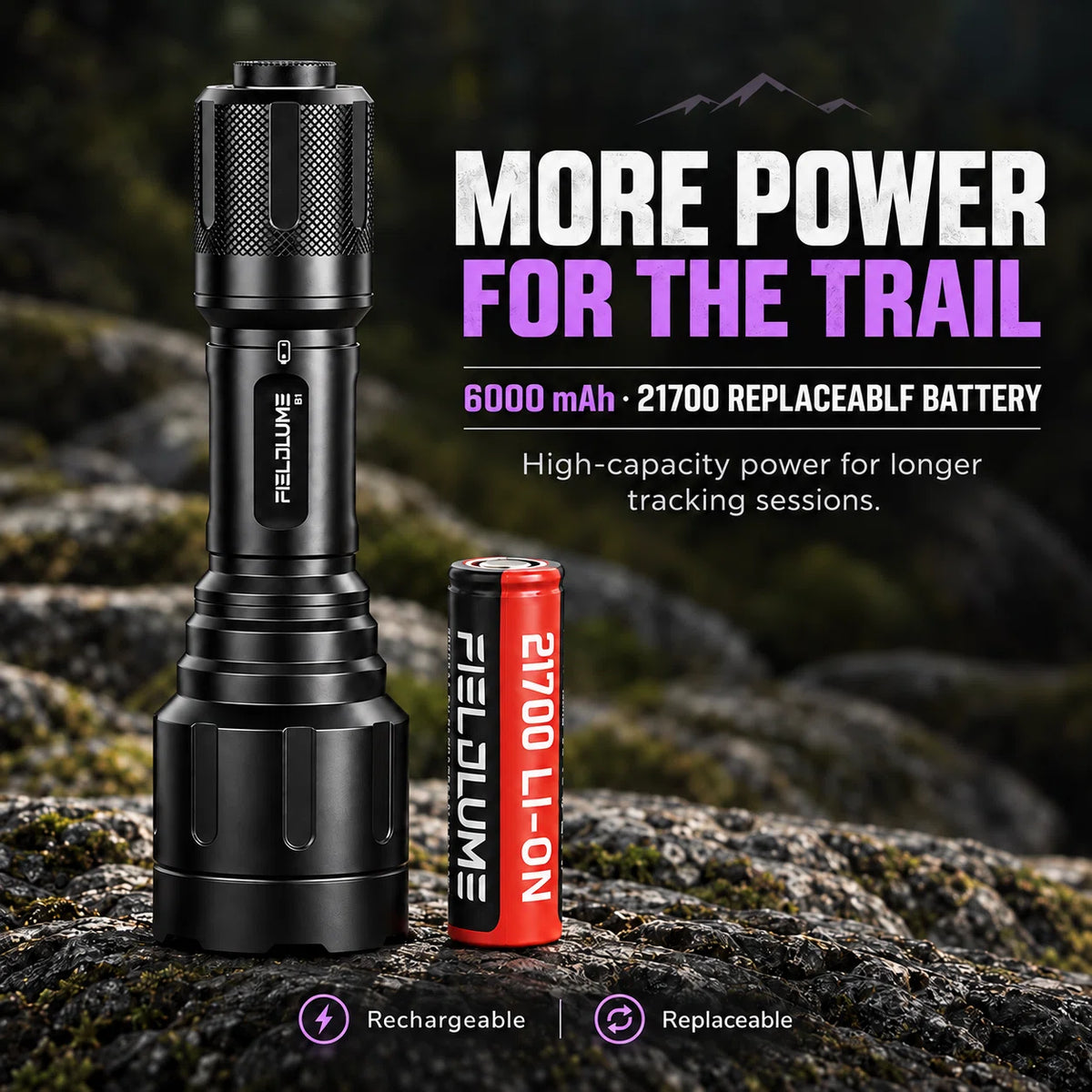 FIELDLUME B1 blood tracking light with replaceable 21700 6000 mAh rechargeable battery for longer tracking sessions
