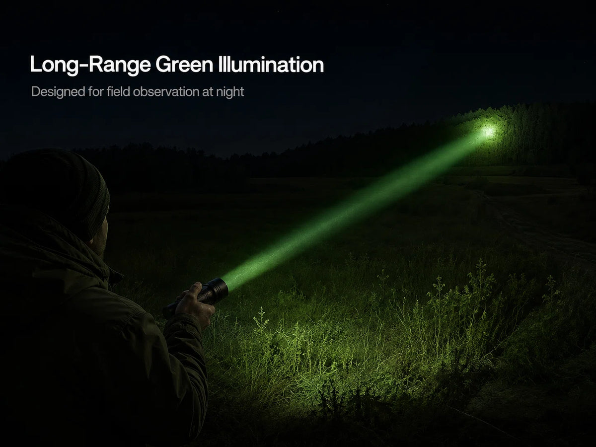 Back-view user illuminating an outdoor field at night with FIELDLUME HG1 green light