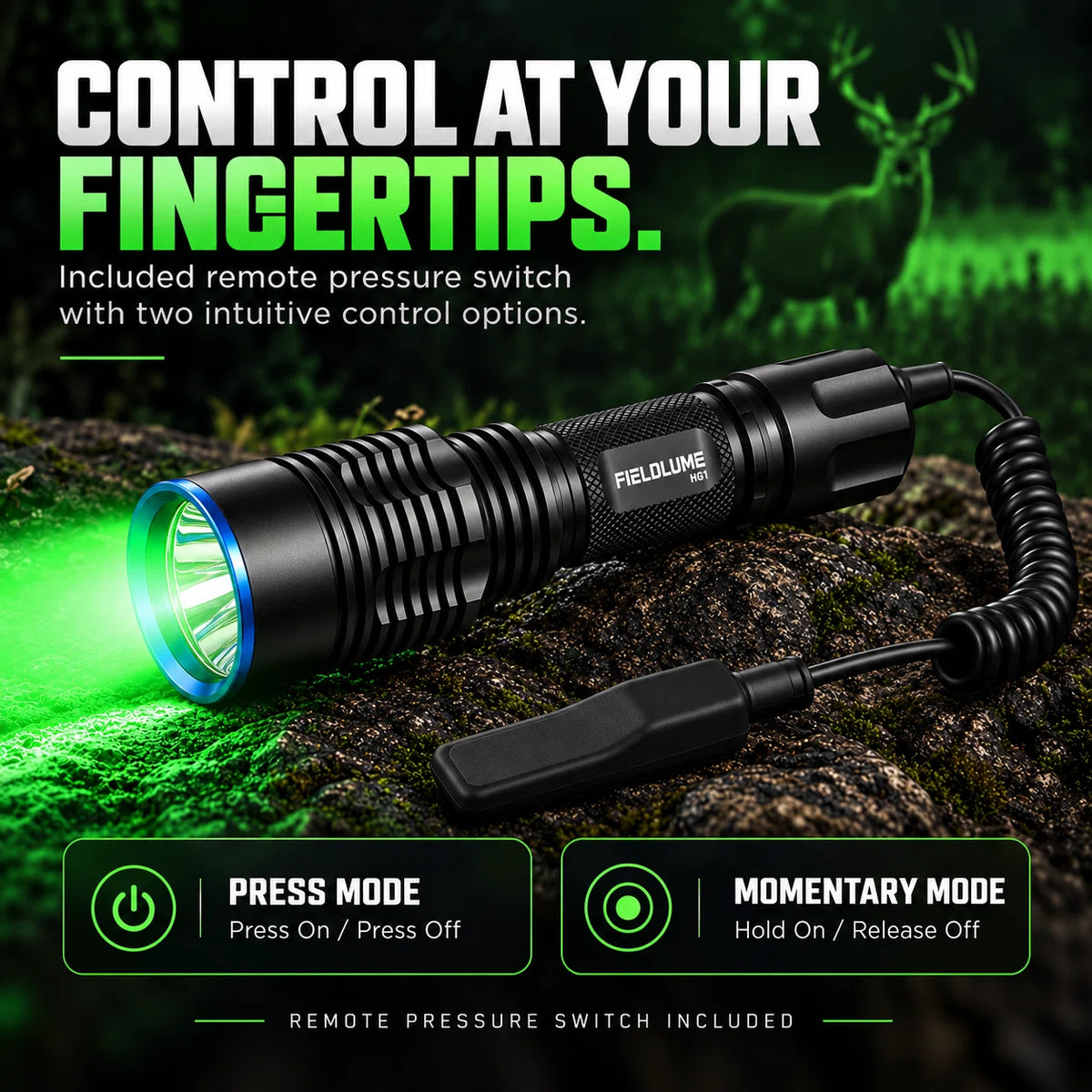 FIELDLUME HG1 green hunting light with remote pressure switch for press and momentary control