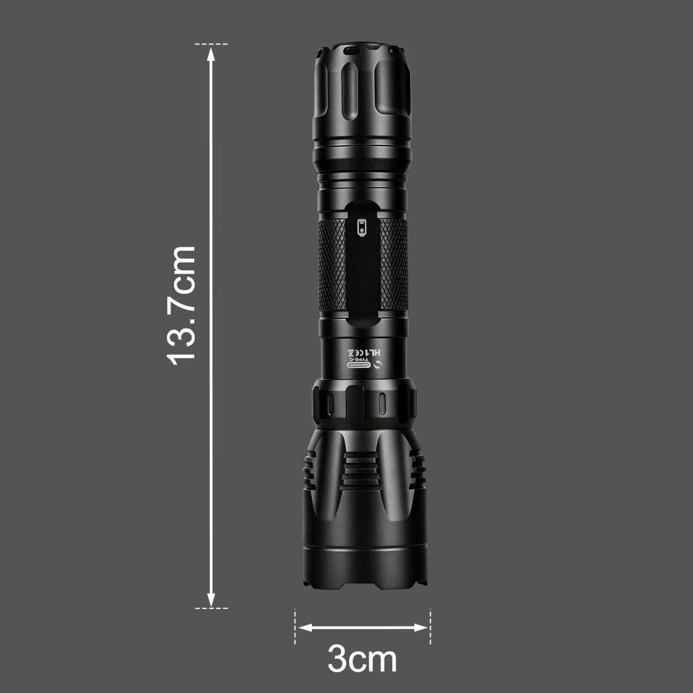 FIELDLUME HL1 tactical flashlight dimensions 13.7 cm long and 3.0 cm head diameter
