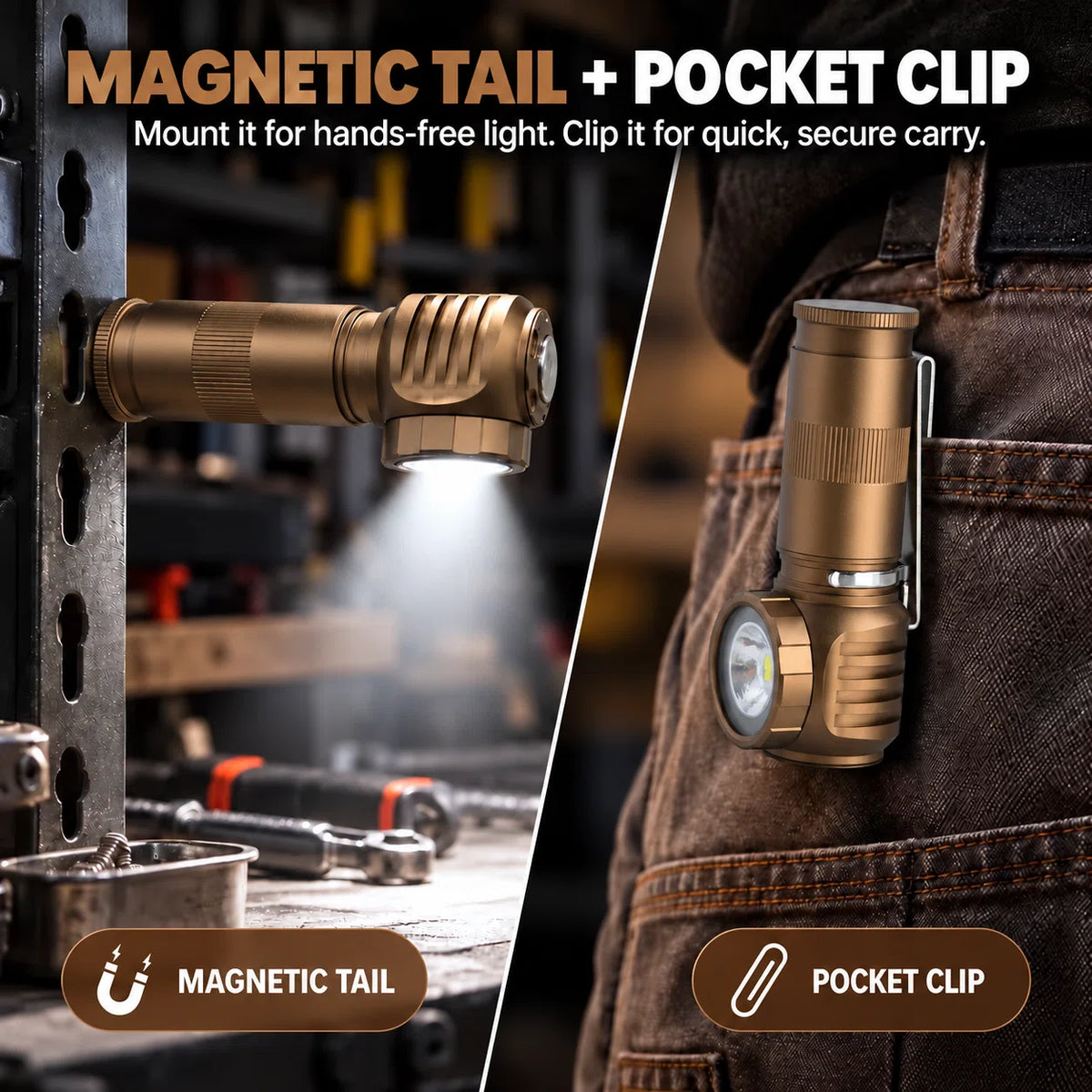 FIELDLUME RA1 bronze right-angle rechargeable flashlight with magnetic tail mounting and pocket clip carry