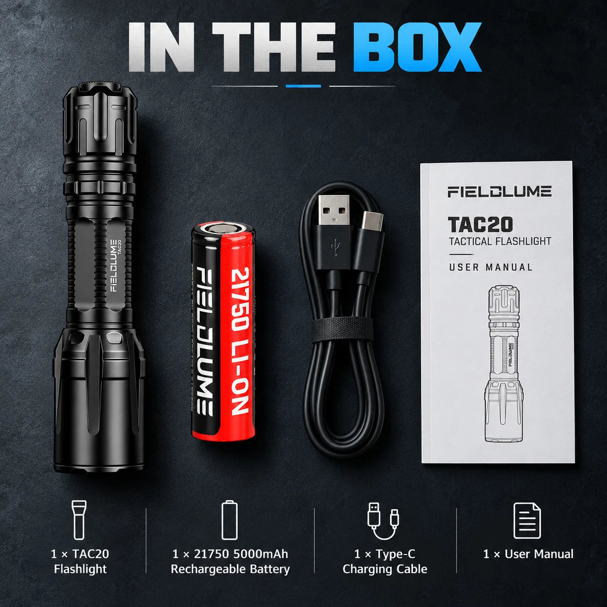 FIELDLUME TAC20 flashlight in the box with 21750 rechargeable battery, Type-C charging cable, and user manual
