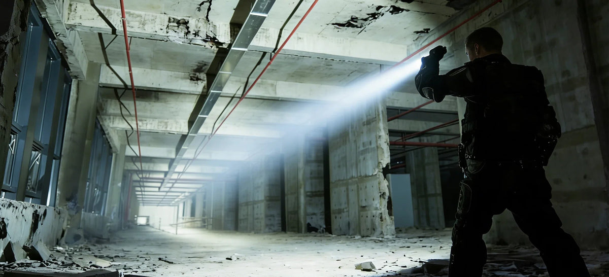 Tactical operator using a high-powered flashlight in a dark building