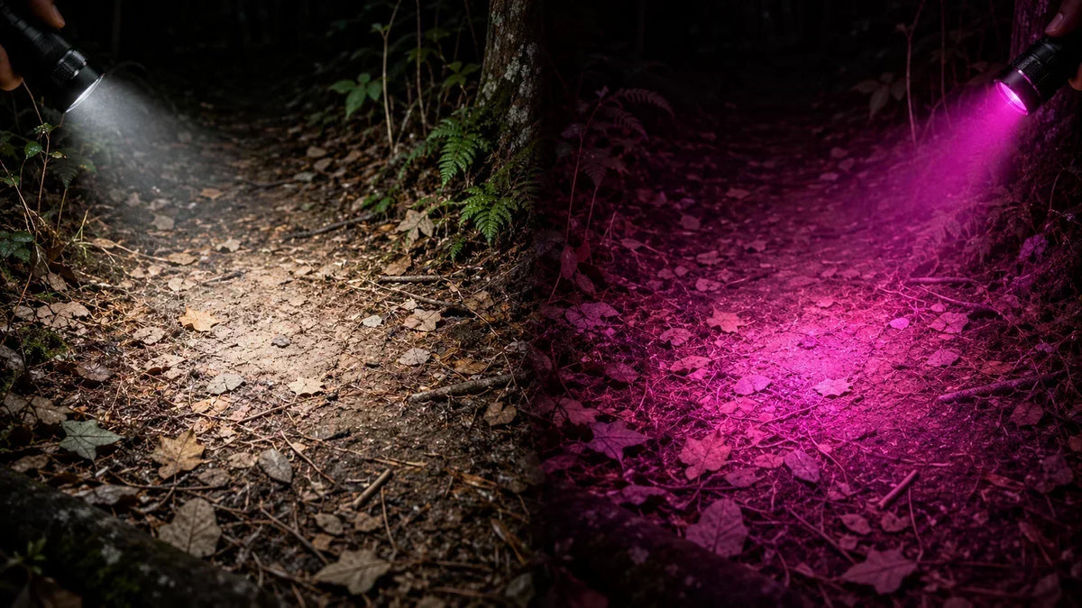 Regular white flashlight and blood tracking light illuminating the same forest ground for visual comparison