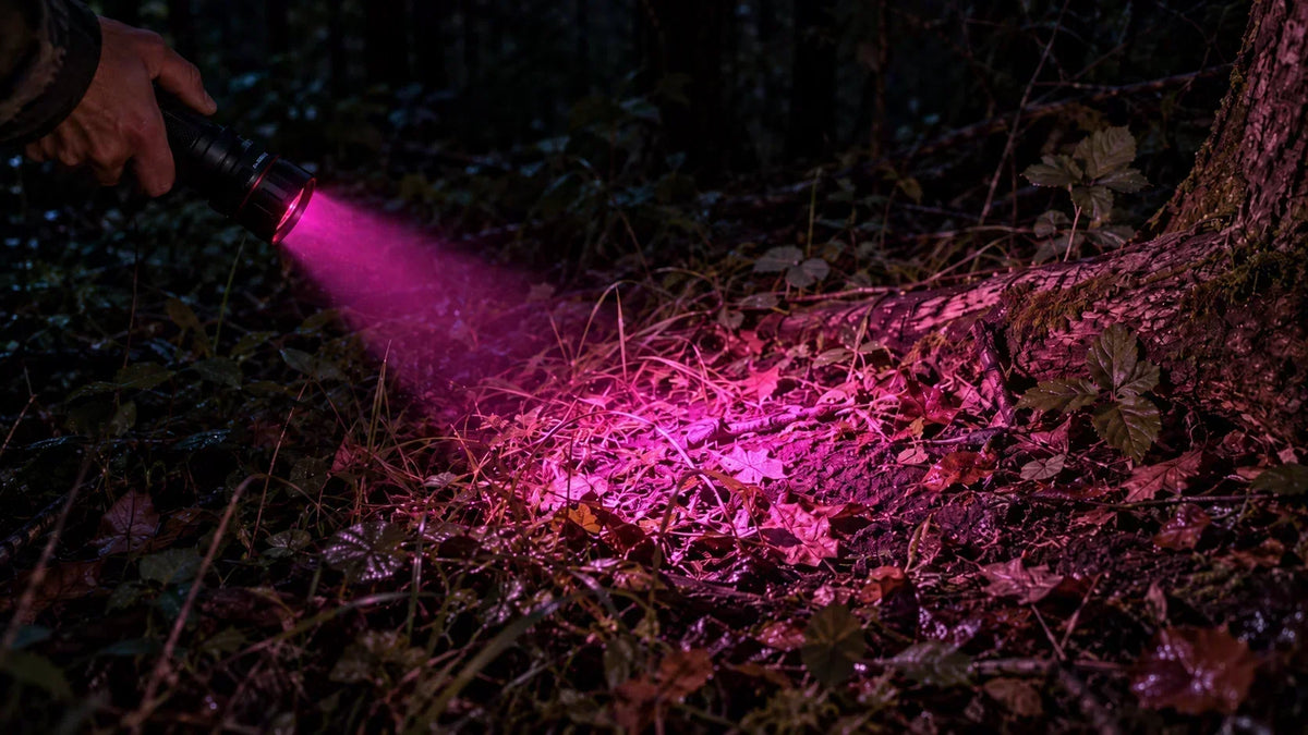 FIELDLUME blood tracking light illuminating leaves and forest ground in low-light outdoor conditions