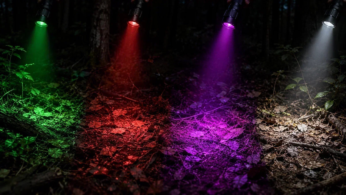 Green, red, UV and white light illuminating forest ground for blood tracking comparison