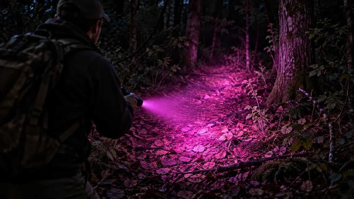 Person using a blood tracking flashlight in a low-light woodland scene to illuminate ground and vegetation ahead