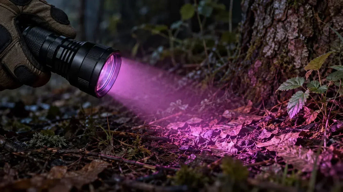 Blood tracking flashlight projecting a filtered magenta beam onto natural outdoor surfaces to illustrate optical filtering