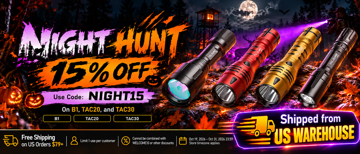 FIELDLUME Halloween Night Hunt sale featuring B1, TAC20 and TAC30 flashlights, 15% off with code NIGHT15, and shipping from a US warehouse.