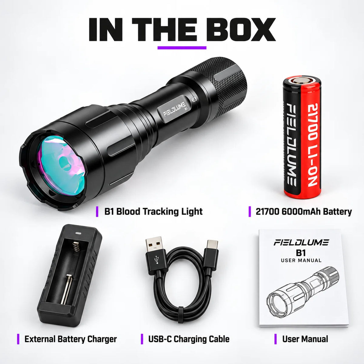 FIELDLUME B1 blood tracking light in the box with flashlight, 21700 rechargeable battery, external charger, USB-C cable and user manual