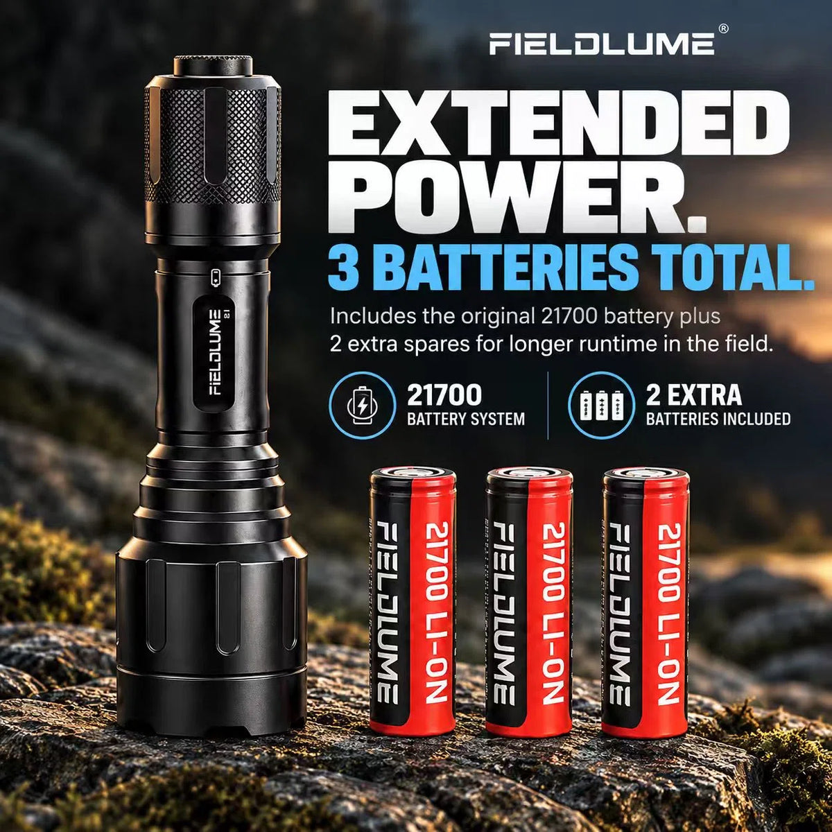 FIELDLUME B1 Extended Power Kit with three 21700 rechargeable batteries for extended field use and quick battery swaps