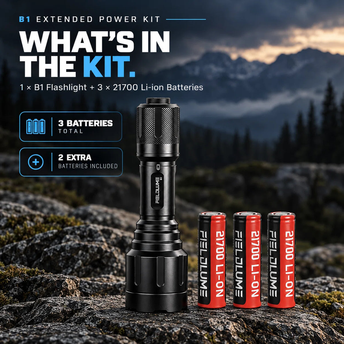 FIELDLUME B1 Extended Power Kit with B1 blood tracking light and three 21700 rechargeable batteries, including two extra batteries.