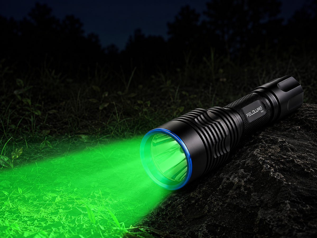 FIELDLUME HG1 long-range green light projecting a focused green beam across a dark outdoor field