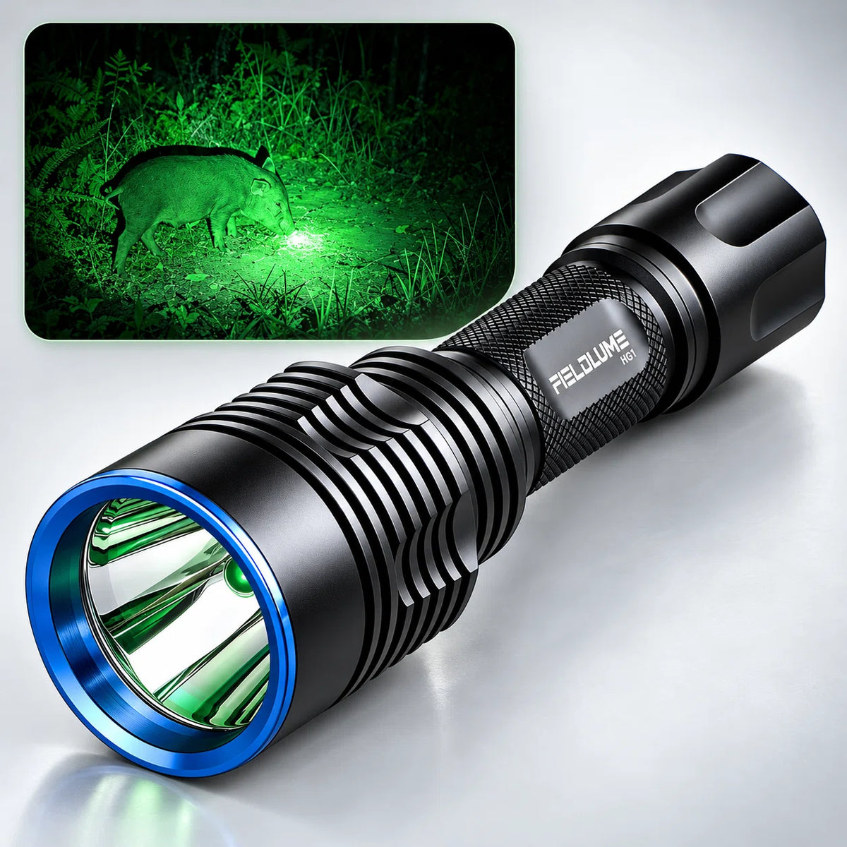 FIELDLUME HG1 green hunting light with long-range focused beam and wild boar night use scene