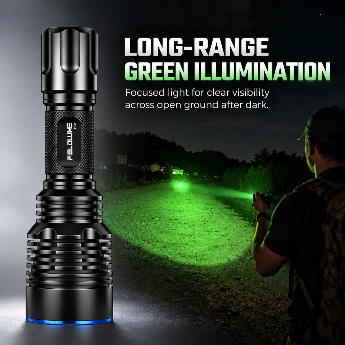 FIELDLUME HG1 long-range green hunting light illuminating open ground at night