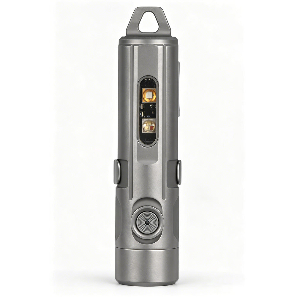 Titanium electronic device with a keychain attachment on a white background