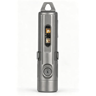 Titanium electronic device with a keychain attachment on a white background