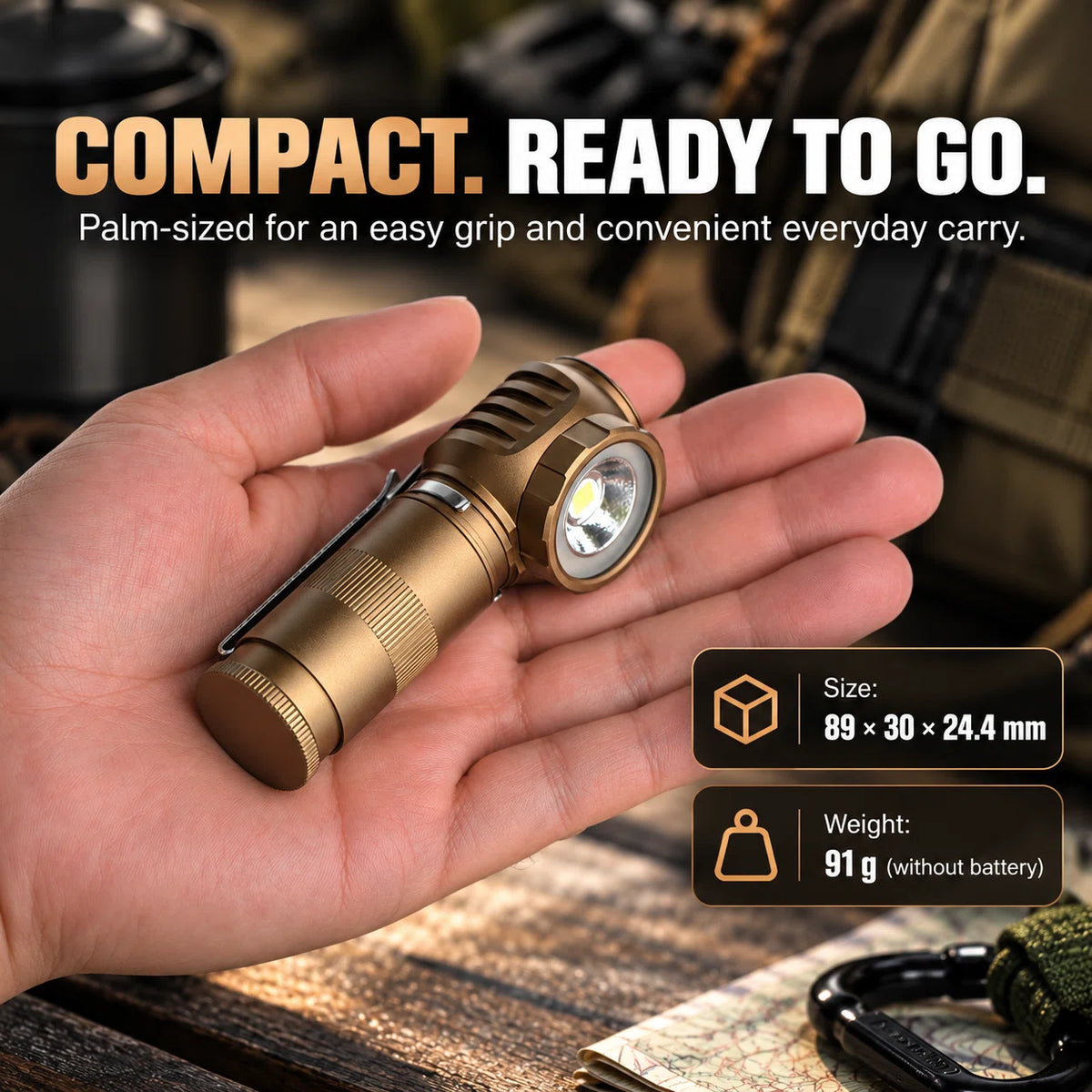 FIELDLUME RA1 bronze right-angle rechargeable flashlight resting in the palm to show its compact size and everyday carry design