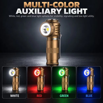 FIELDLUME RA1 bronze right-angle rechargeable flashlight showing white, red, green and blue auxiliary light modes