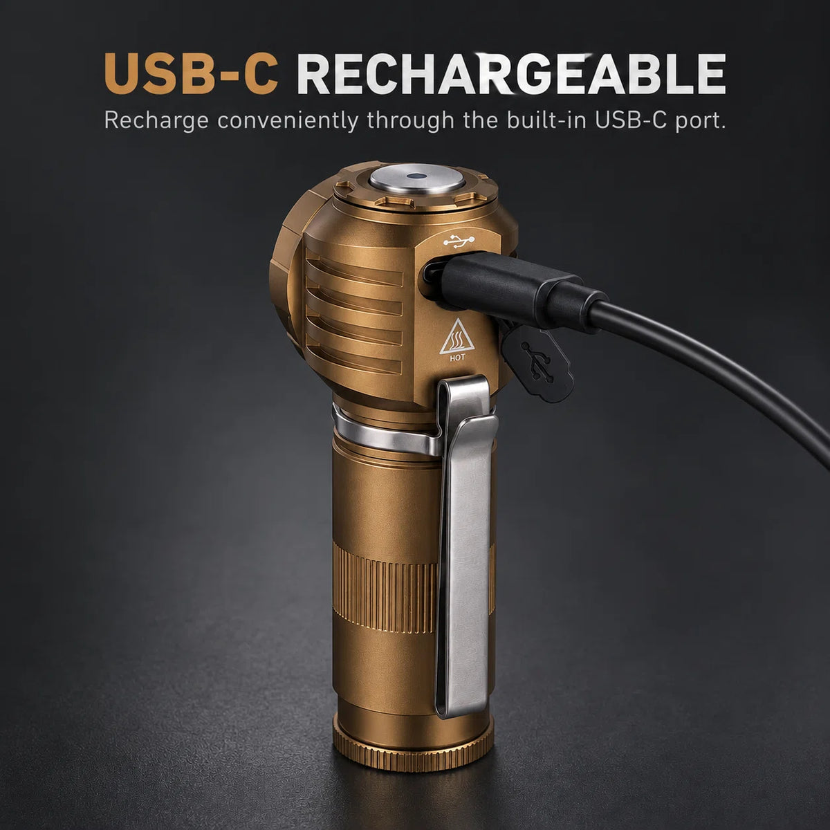 FIELDLUME RA1 bronze right-angle rechargeable flashlight charging through its built-in USB-C port
