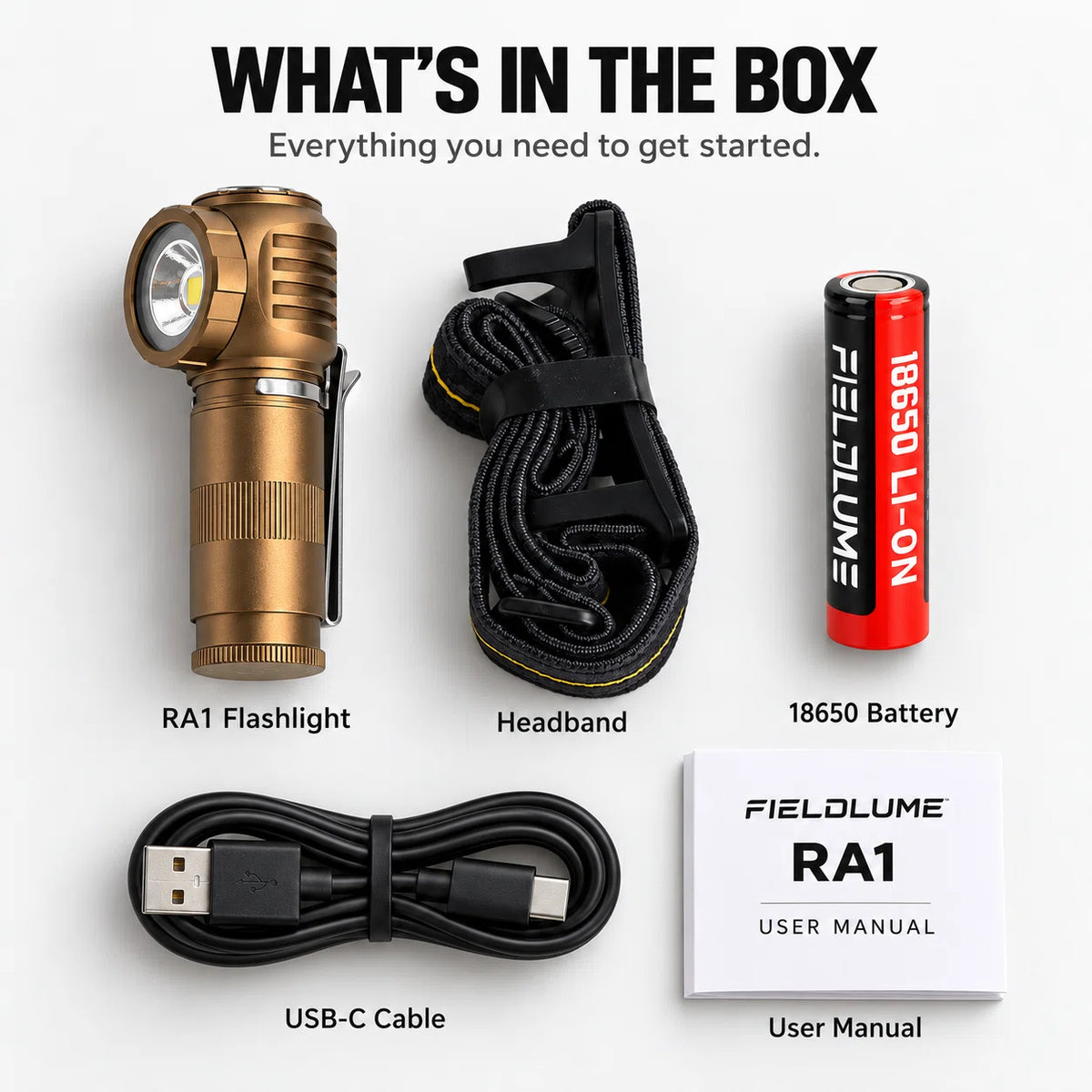 FIELDLUME RA1 bronze right-angle rechargeable flashlight with headband, 18650 battery, USB-C cable and user manual