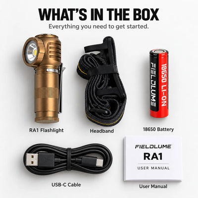 FIELDLUME RA1 bronze right-angle rechargeable flashlight with headband, 18650 battery, USB-C cable and user manual