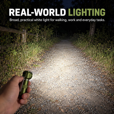 FIELDLUME RA1 right-angle headlamp flashlight providing broad practical white light on a nighttime outdoor trail