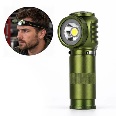 FIELDLUME RA1 right-angle rechargeable headlamp flashlight shown as a handheld light and worn with the headband