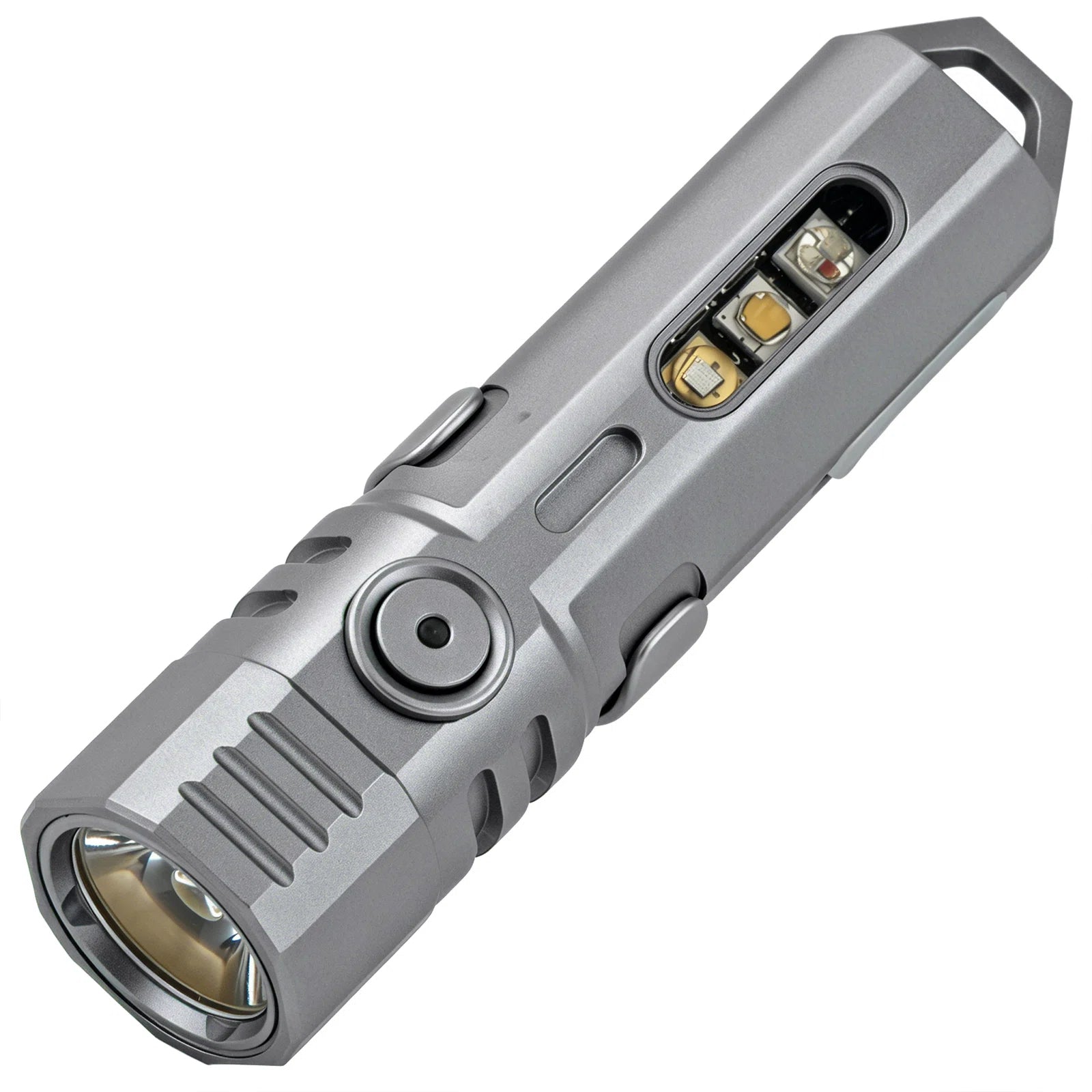 FIELDLUME T4 titanium EDC torch main view with dual-source multi-colour LED
