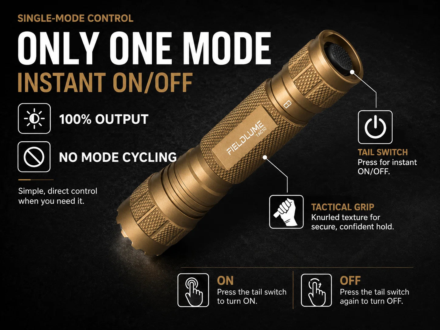 One Mode	FIELDLUME TAC10 tan flashlight single-mode tail-switch control diagram
