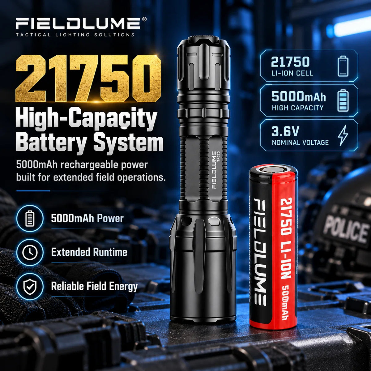 FIELDLUME TAC20 tactical flashlight with replaceable 21750 5000mAh rechargeable battery for duty and patrol use