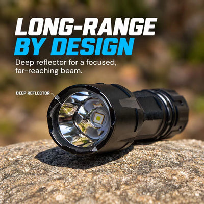 FIELDLUME TAC20 tactical flashlight with deep reflector designed for a focused long-range beam