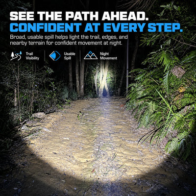 FIELDLUME TAC20 flashlight illuminating a forest trail at night with wide usable spill for path visibility and confident movement