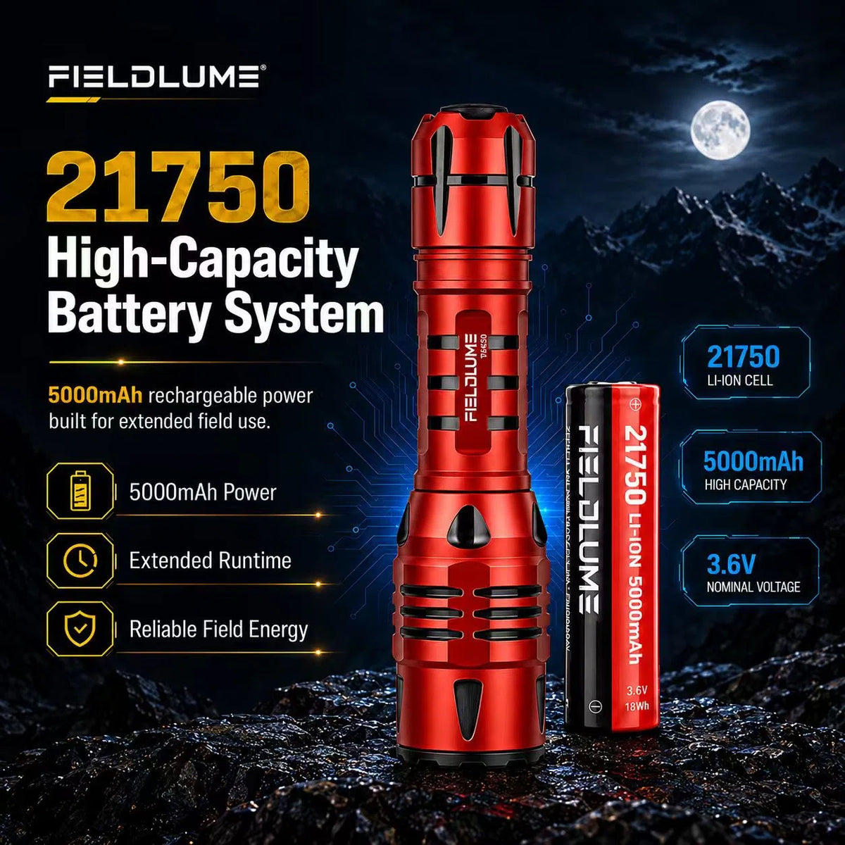 FIELDLUME TAC30 Red with replaceable 21750 5000mAh battery