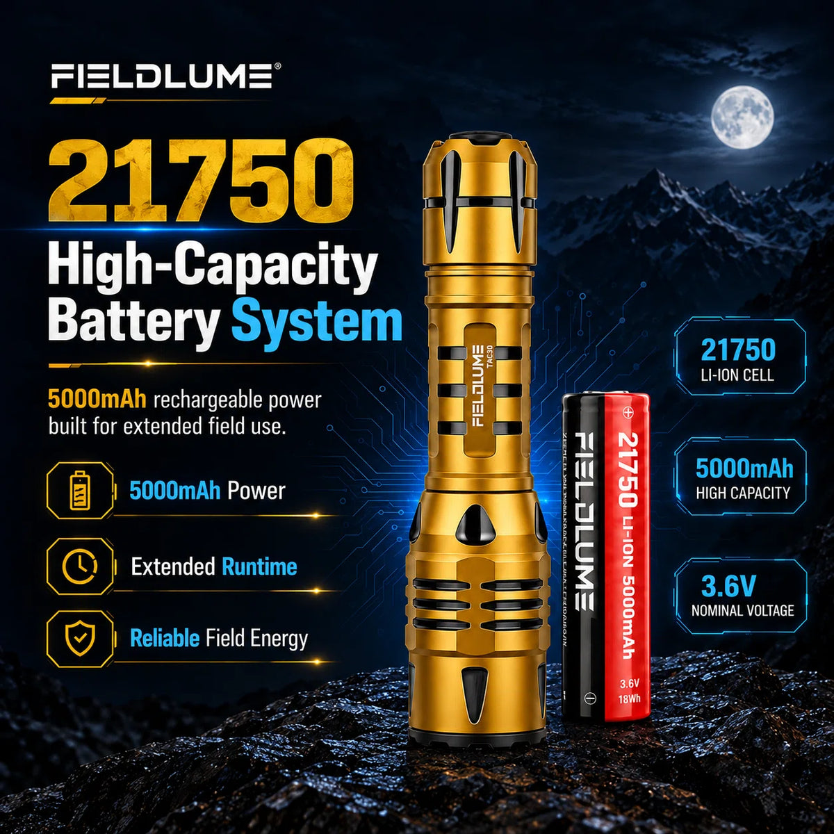 FIELDLUME TAC30 Gold with replaceable 21750 5000 mAh USB-C rechargeable battery