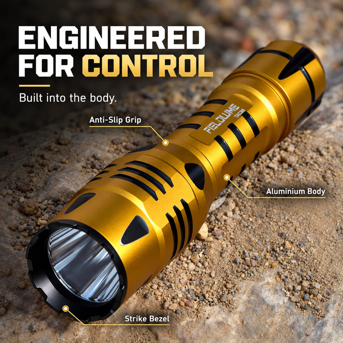 FIELDLUME TAC30 Gold aluminium body anti-slip grip and strike bezel details
