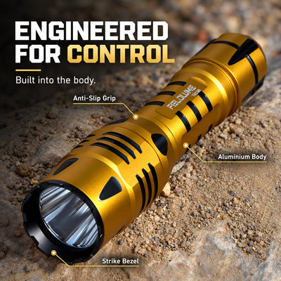 FIELDLUME TAC30 Gold aluminium body anti-slip grip and strike bezel details