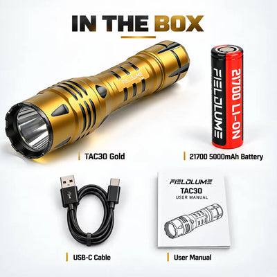 FIELDLUME TAC30 Gold dimensions and included accessories